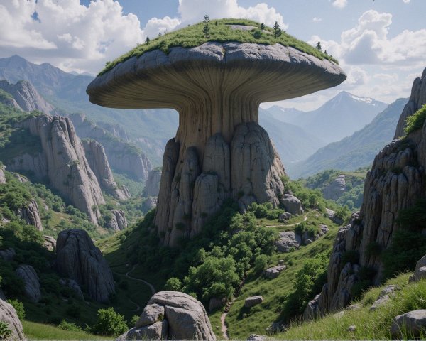 Mushroom-Shaped Rock Formation in Serene Landscape