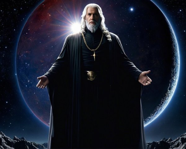 Mystical Figure in Cosmic Backdrop with Majestic Aura