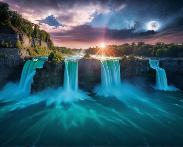 Cascading Waterfalls Under Twilight Sky and Moonlight
