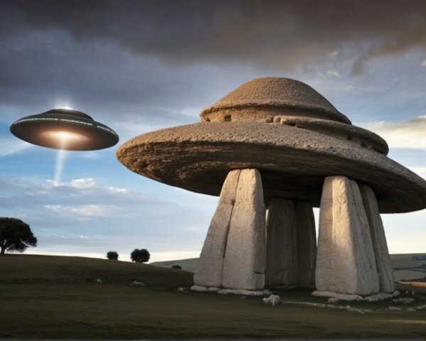 Ancient Stone Structure with Hovering Flying Saucer