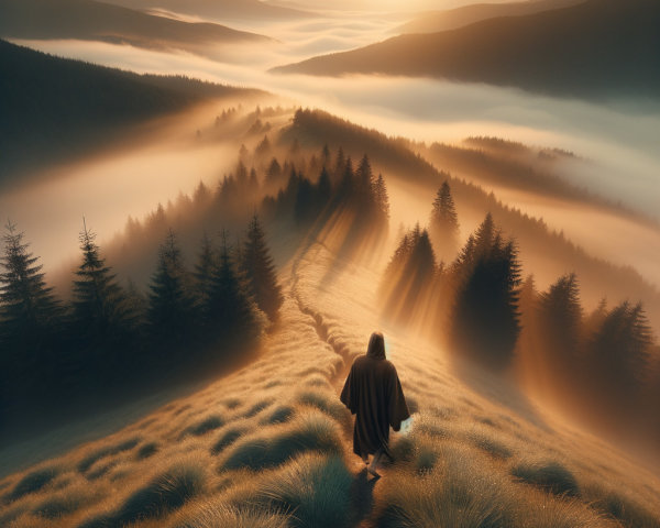 Serene Sunrise Landscape with Cloaked Figure and Mist
