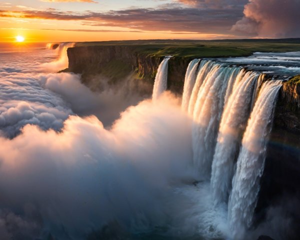 Majestic Waterfall Cascading into Misty Landscape