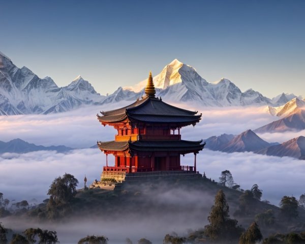 Traditional Asian Pagoda with Snow-Capped Mountains