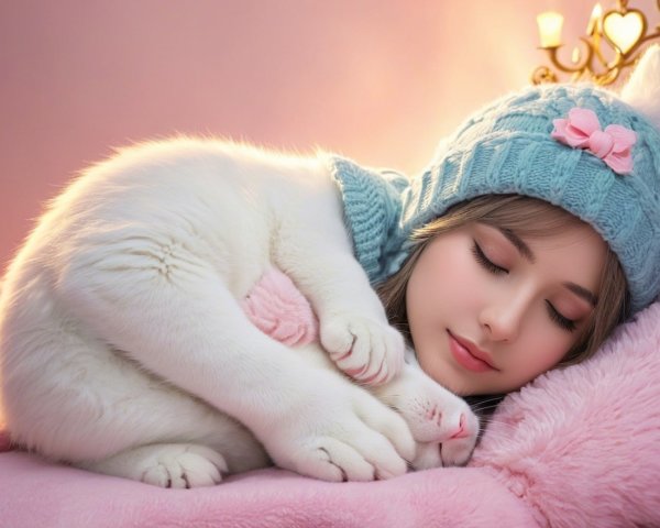Young girl in blue hat cuddles white cat on blanket