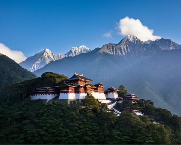 Mountain Landscape with Traditional Asian Temple