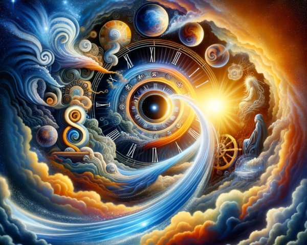 Vibrant Cosmic Scene with Clock and Celestial Bodies