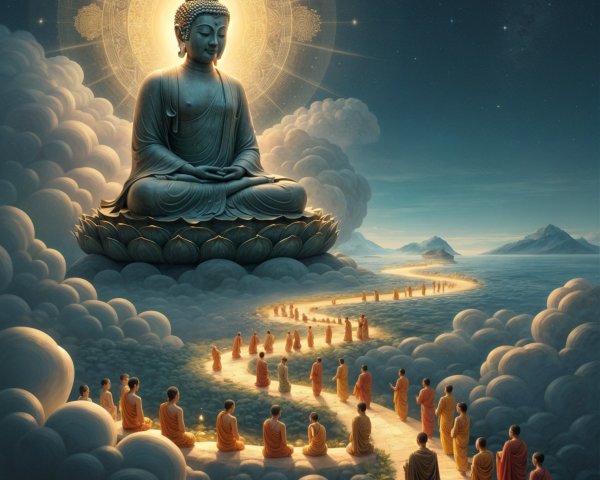 Colossal Buddha Statue on Lotus in Serene Landscape