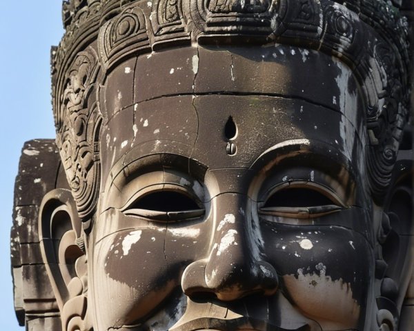 Stone Face of Smiling Deity at Bayon Temple, Cambodia