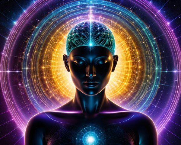 Ethereal Figure with Cosmic Brain and Vibrant Rings