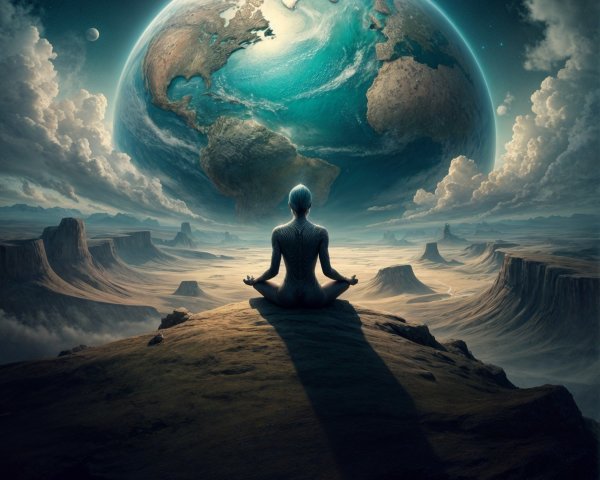 Meditative Figure Overlooking Earth and Mountains