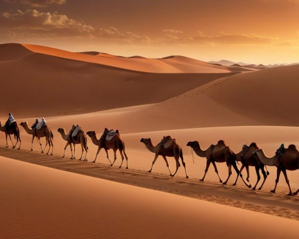 Camels Walking Through Sunset Desert Sand Dunes