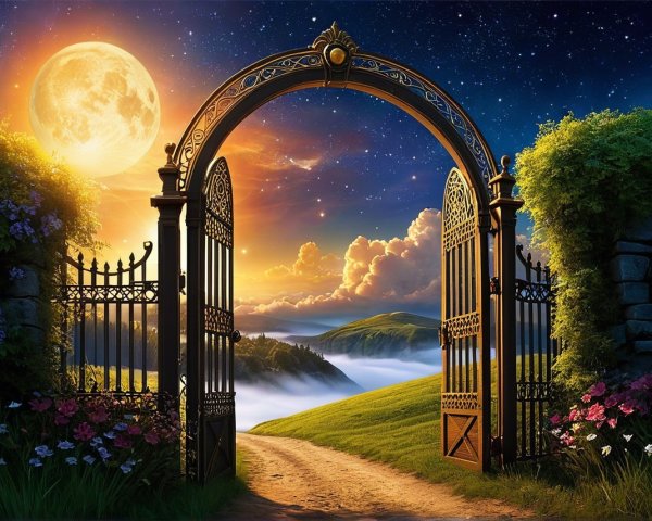 Ornate Gate Opens to Moonlit Landscape and Flowers