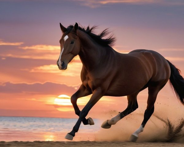 Brown Horse Galloping on a Sunset Beach Scene