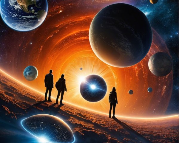 Cosmic Landscape with Silhouetted Figures and Galaxies
