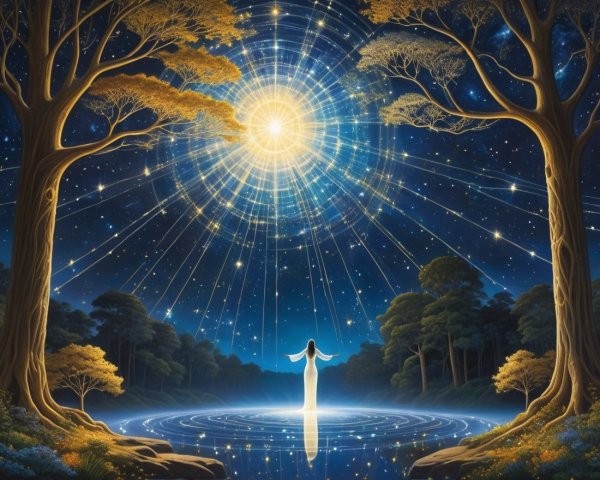 Cosmic Landscape with Figure in Tranquil Pool