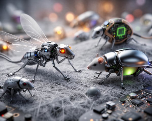 Close-Up of Robotic Insects and Mice on Gray Surface