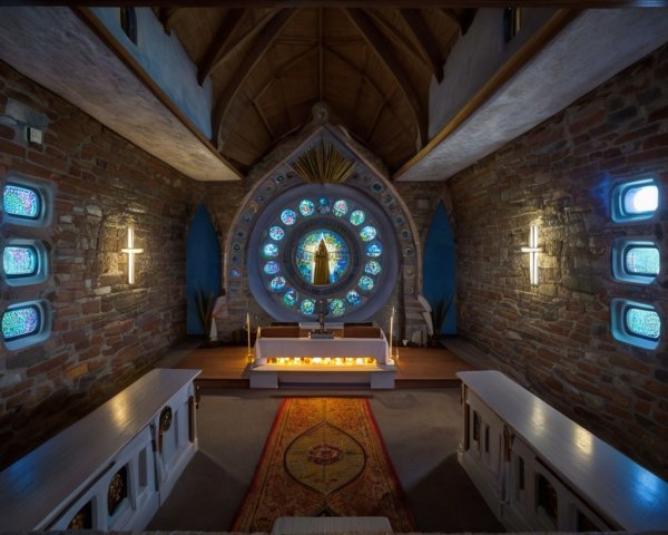 Serene Chapel Interior with Stained Glass Features