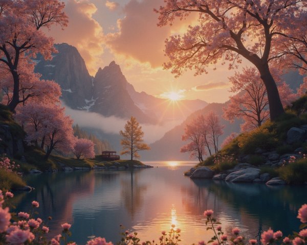 Tranquil Lake Landscape with Sunset and Cherry Blossoms
