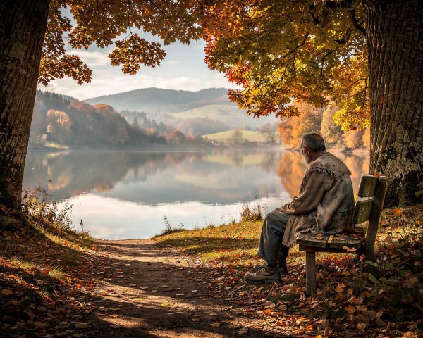Serene Autumn Landscape with Elderly Man by Lake