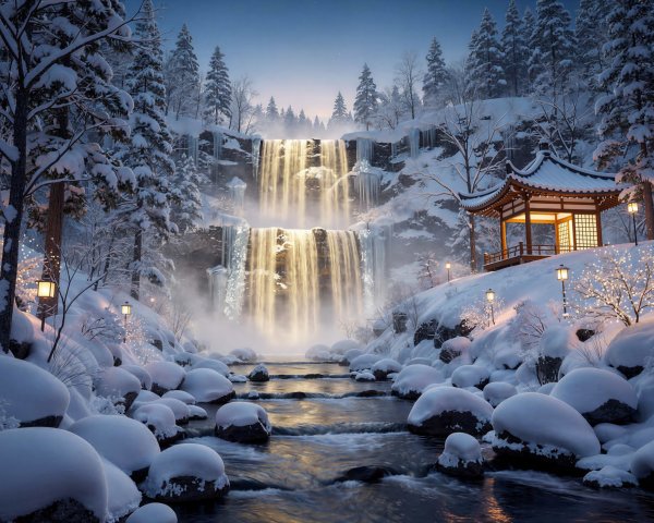 Winter Wonderland with Waterfall and Gazebo Scene