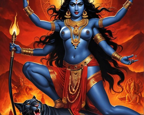 Goddess with Dark Blue Skin and Multiple Arms on Panther