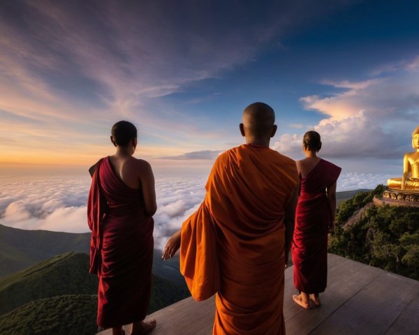 Monks in Robes Overlooking Golden Buddha at Sunset