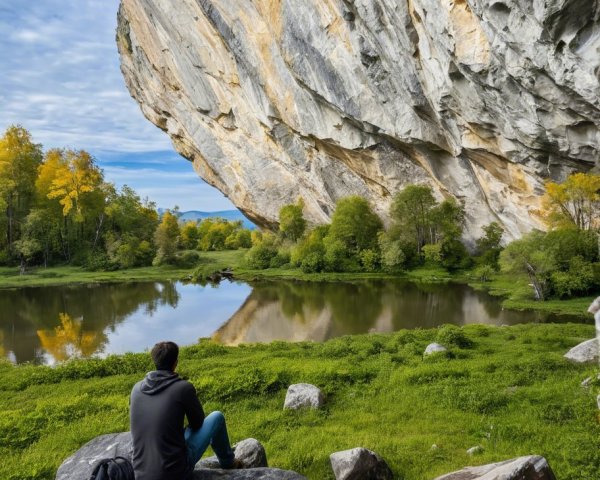 Serene lake view with autumn foliage and cliffs