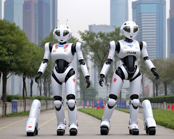 Humanoid Robots in Urban Skyline Setting