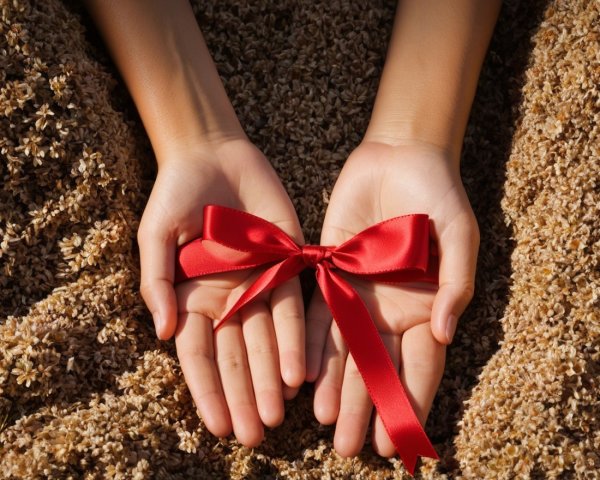 Hands Holding a Red Ribbon on Beige Textured Fabric