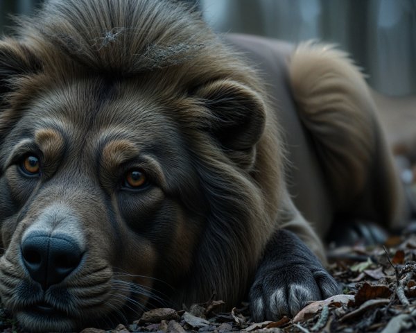 Majestic lion resting in forest among leaves