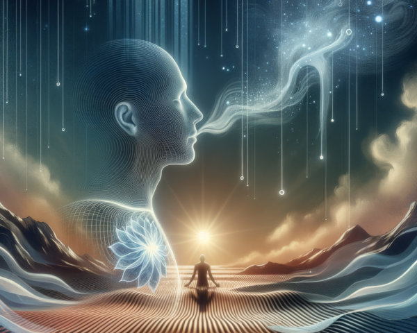 Surreal Landscape with Meditating Figure and Cosmic Elements