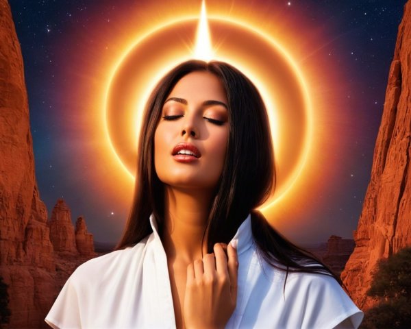 Serene Woman in White Blouse with Starry Background