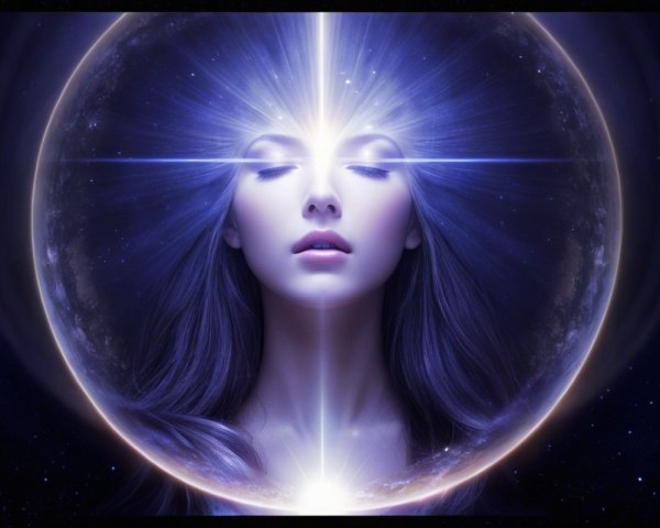Serene Woman in Translucent Orb with Cosmic Backdrop