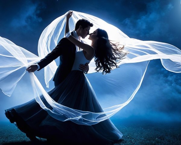 Couple Dancing Under Moonlight with Flowing Fabric