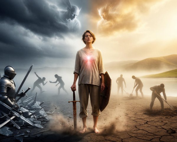 Barefoot Woman with Sword and Shield in Contrasting Scene