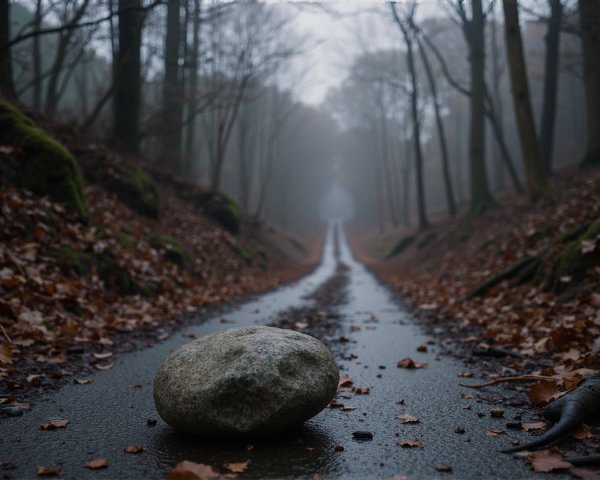 Misty Forest Scene with Winding Leaf-Strewn Path