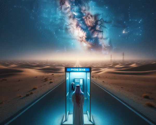 Person in traditional attire in a cosmic phone booth