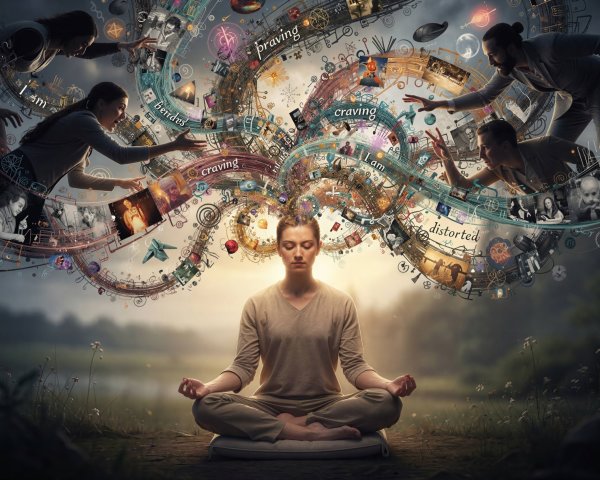 Meditation in a Field Surrounded by Abstract Shapes