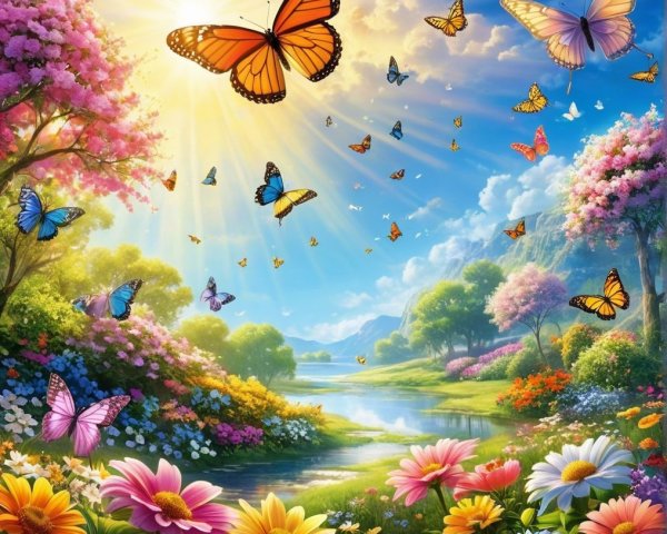 Vibrant Sunny Landscape with River and Colorful Flowers