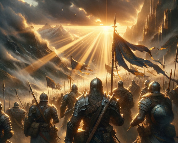 Armored Knights in Formation at Sunset Landscape