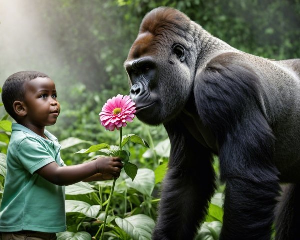 Young Boy Offers Flower to Gorilla in Green Setting