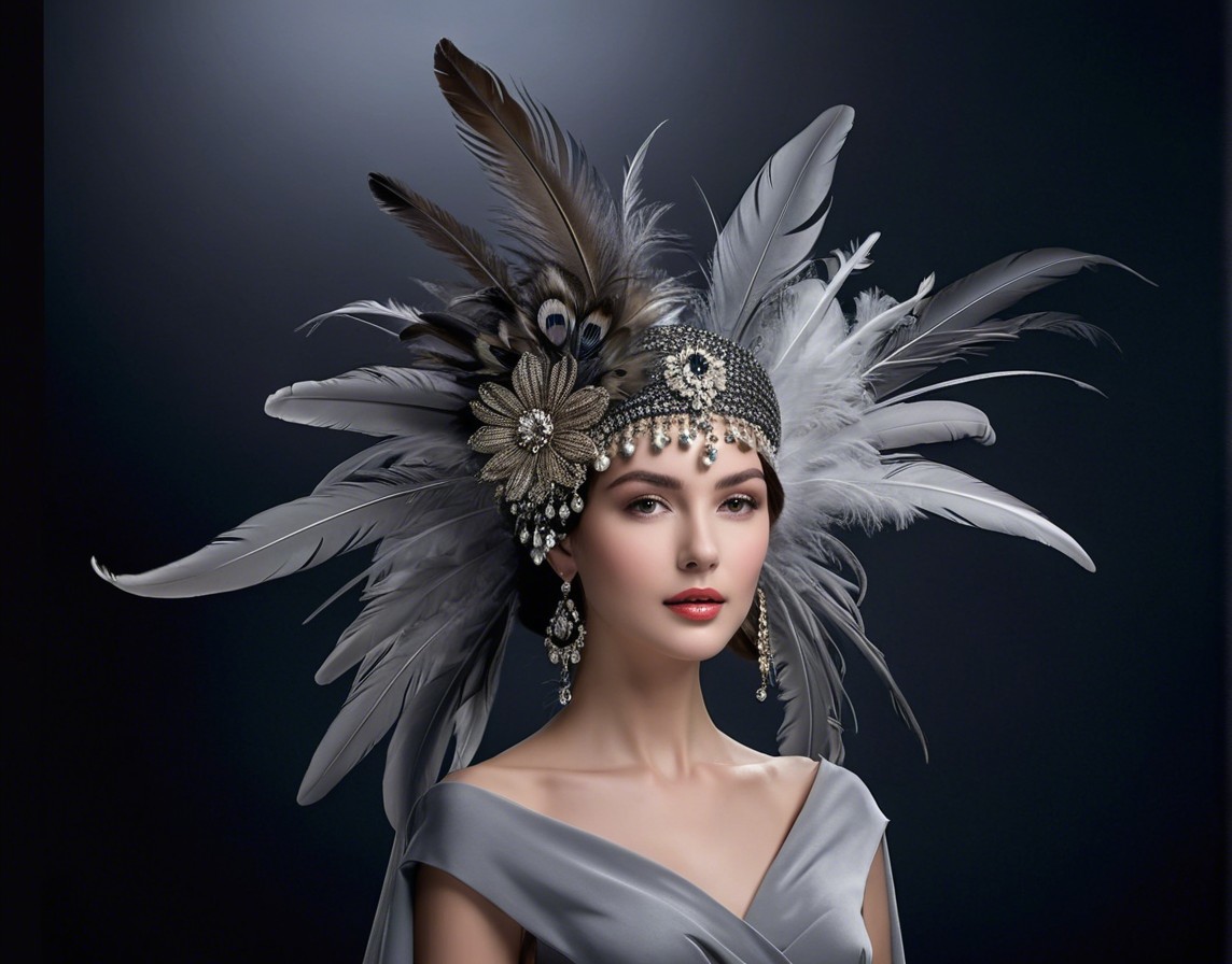 Portrait of a woman in a feathered headdress and gown