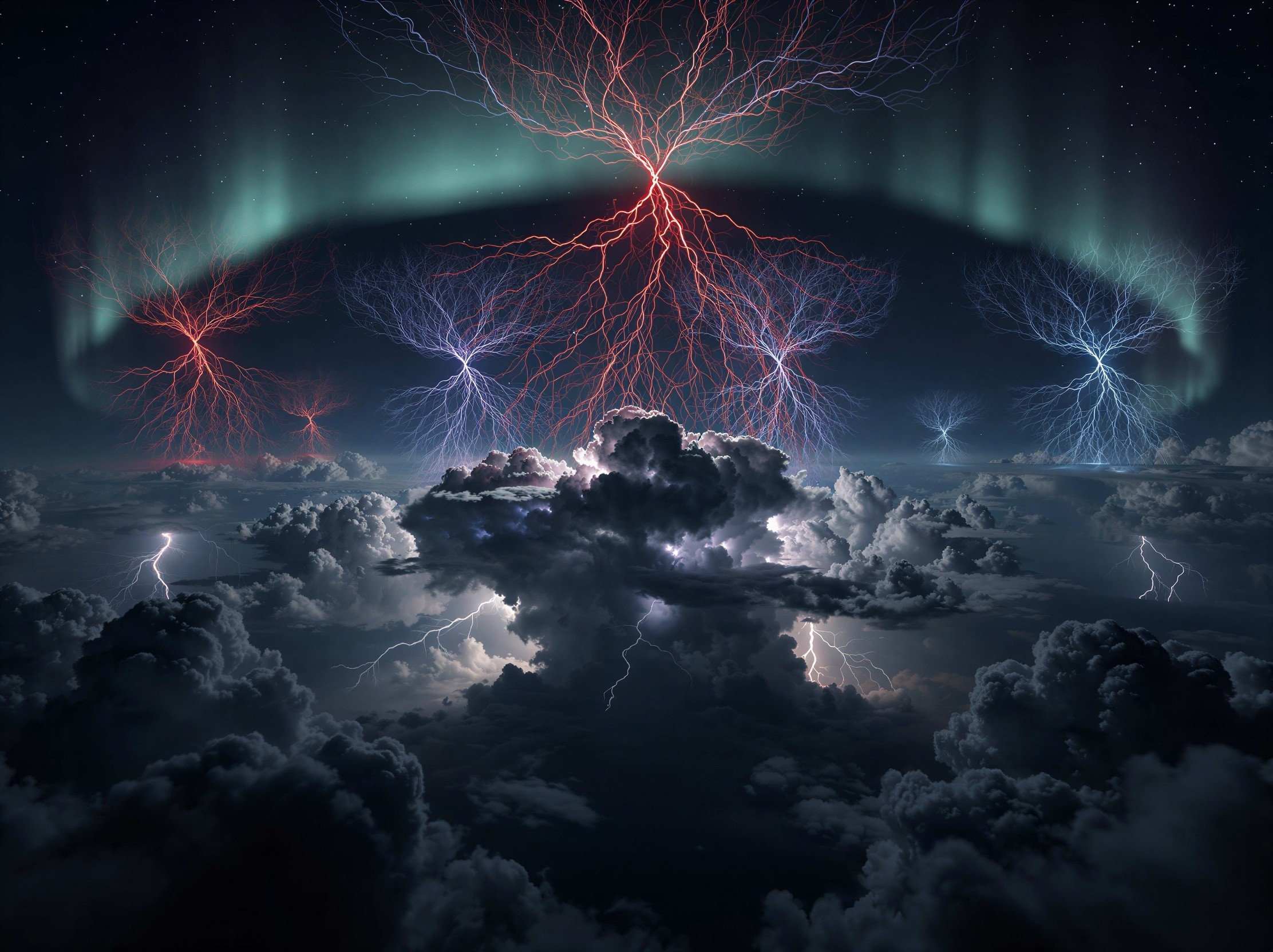 Majestic Night Sky with Aurora and Lightning Display