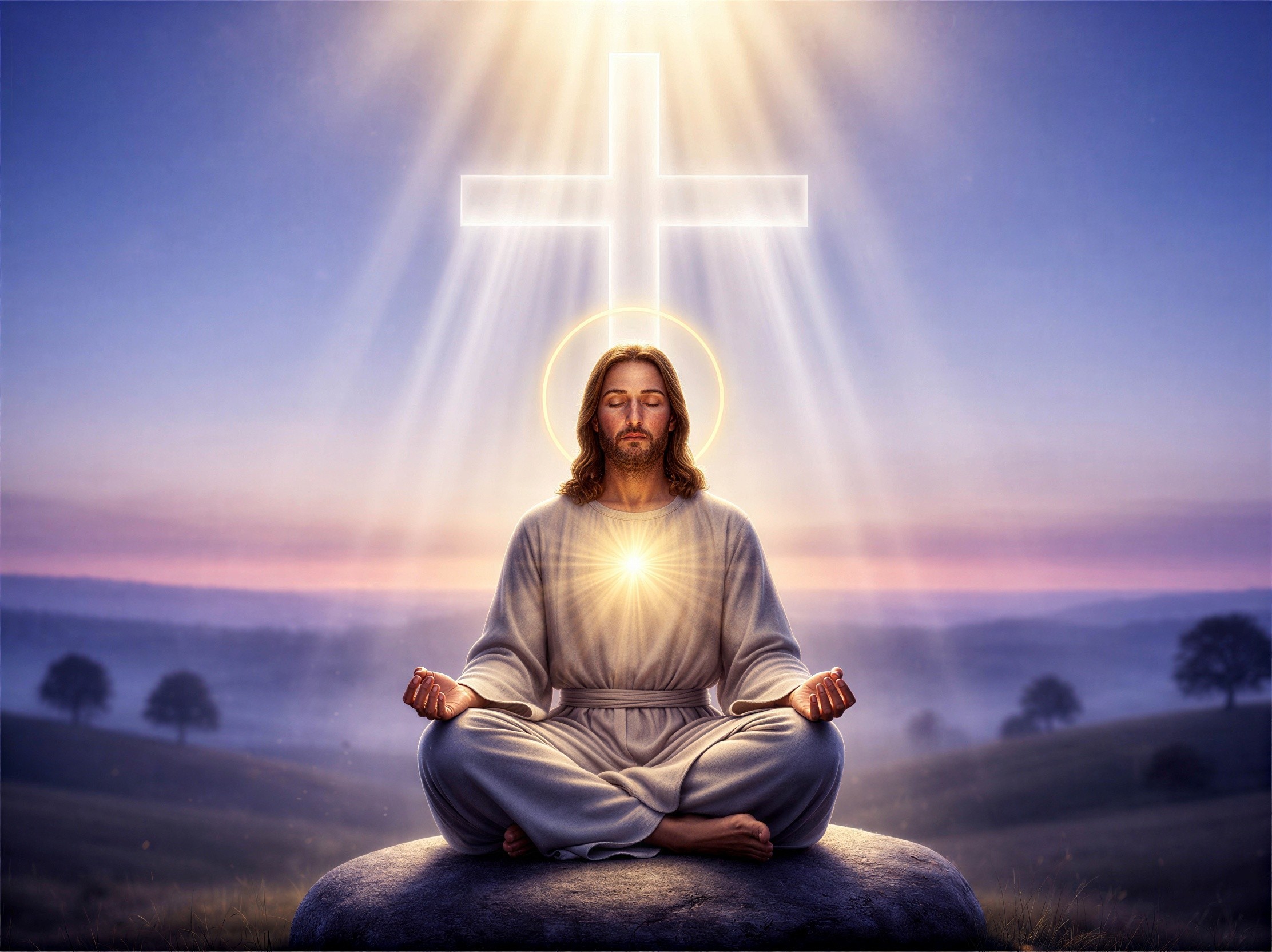 Jesus Meditating on a Rock with Glowing Cross