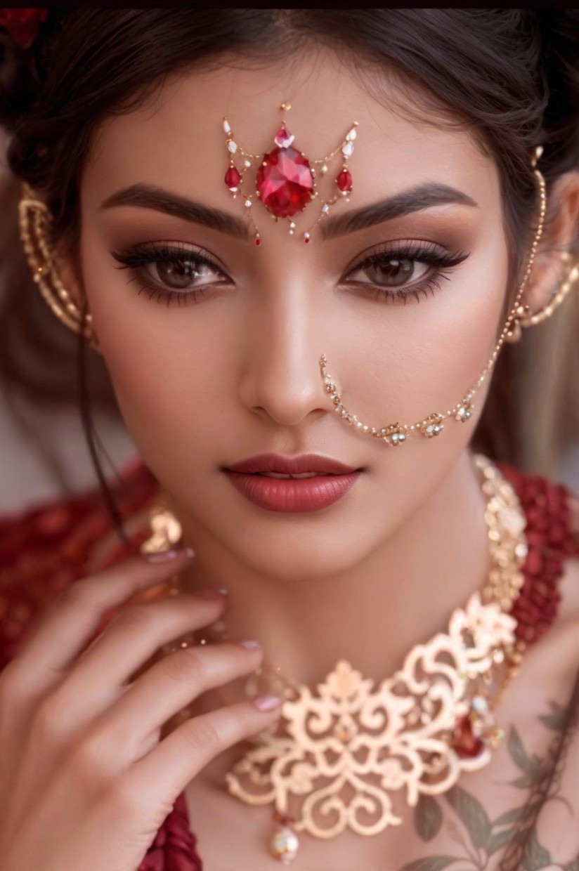 Close-Up Portrait of a Woman with Traditional Makeup