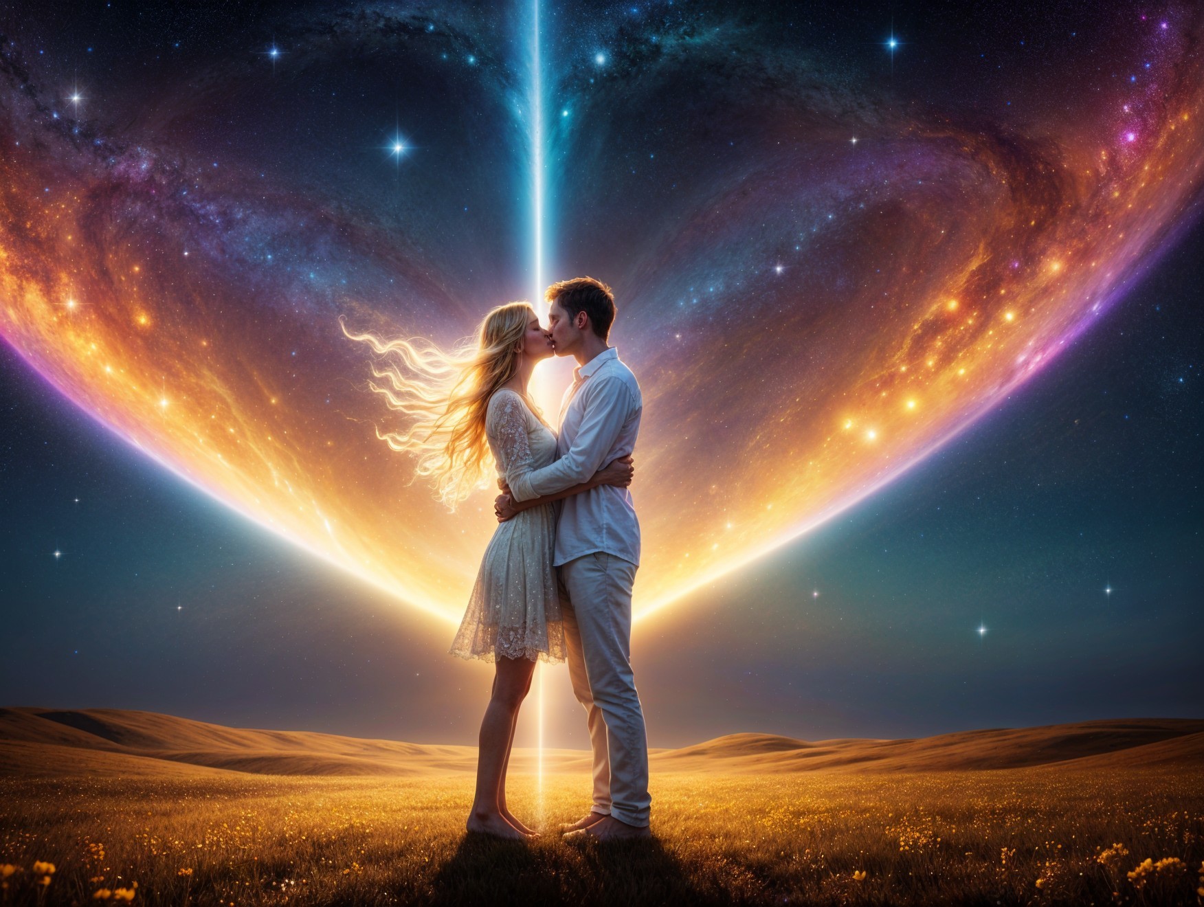Couple Kissing in Cosmic Field with Heart-Shaped Colors