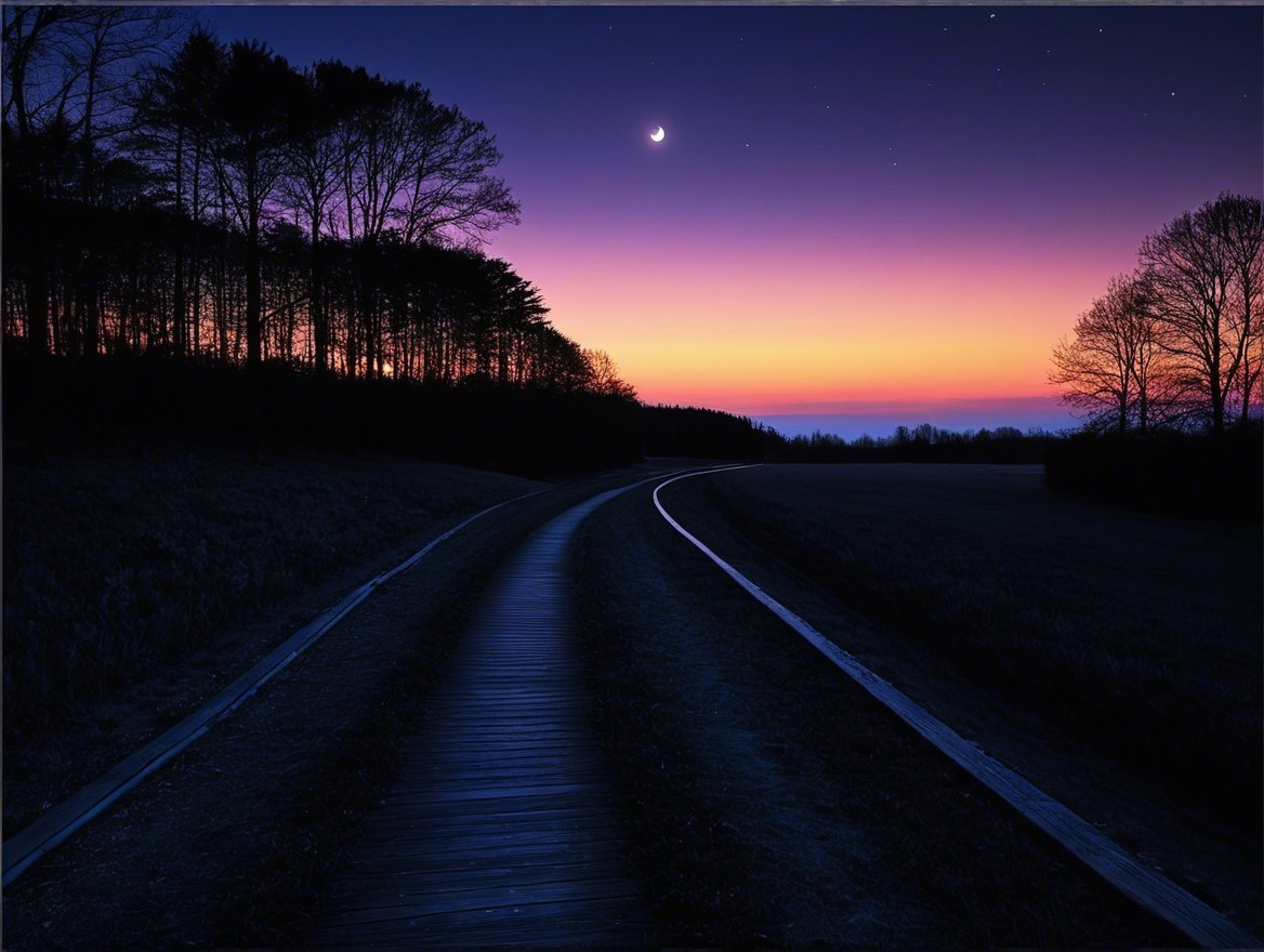 Winding Wooden Pathway in Tranquil Dusk Landscape