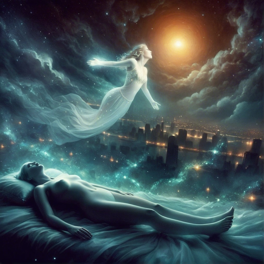 Surreal Scene of Woman Ascending into Starry Sky
