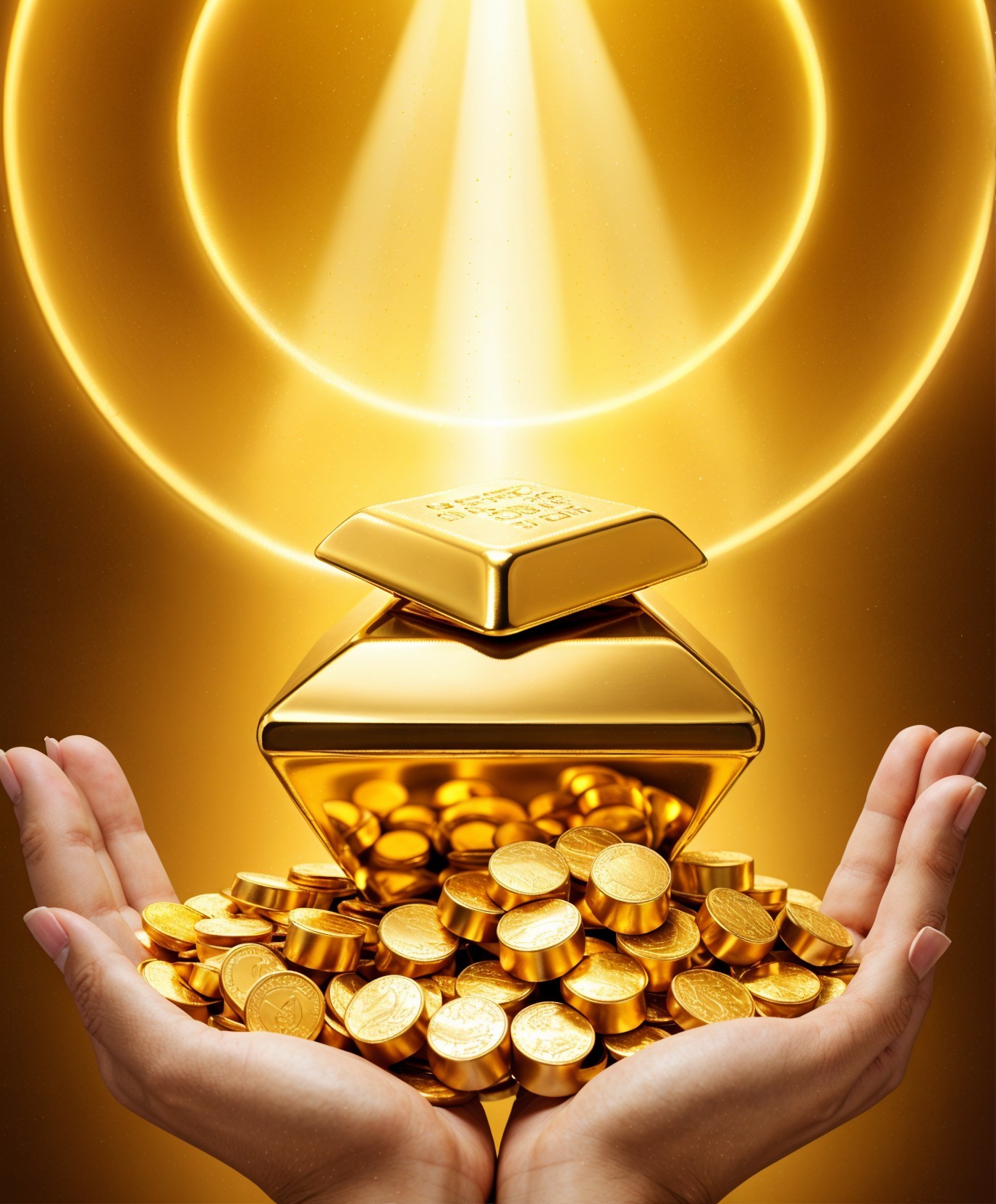 Hands Holding Gold Coins and Ingot with Golden Background