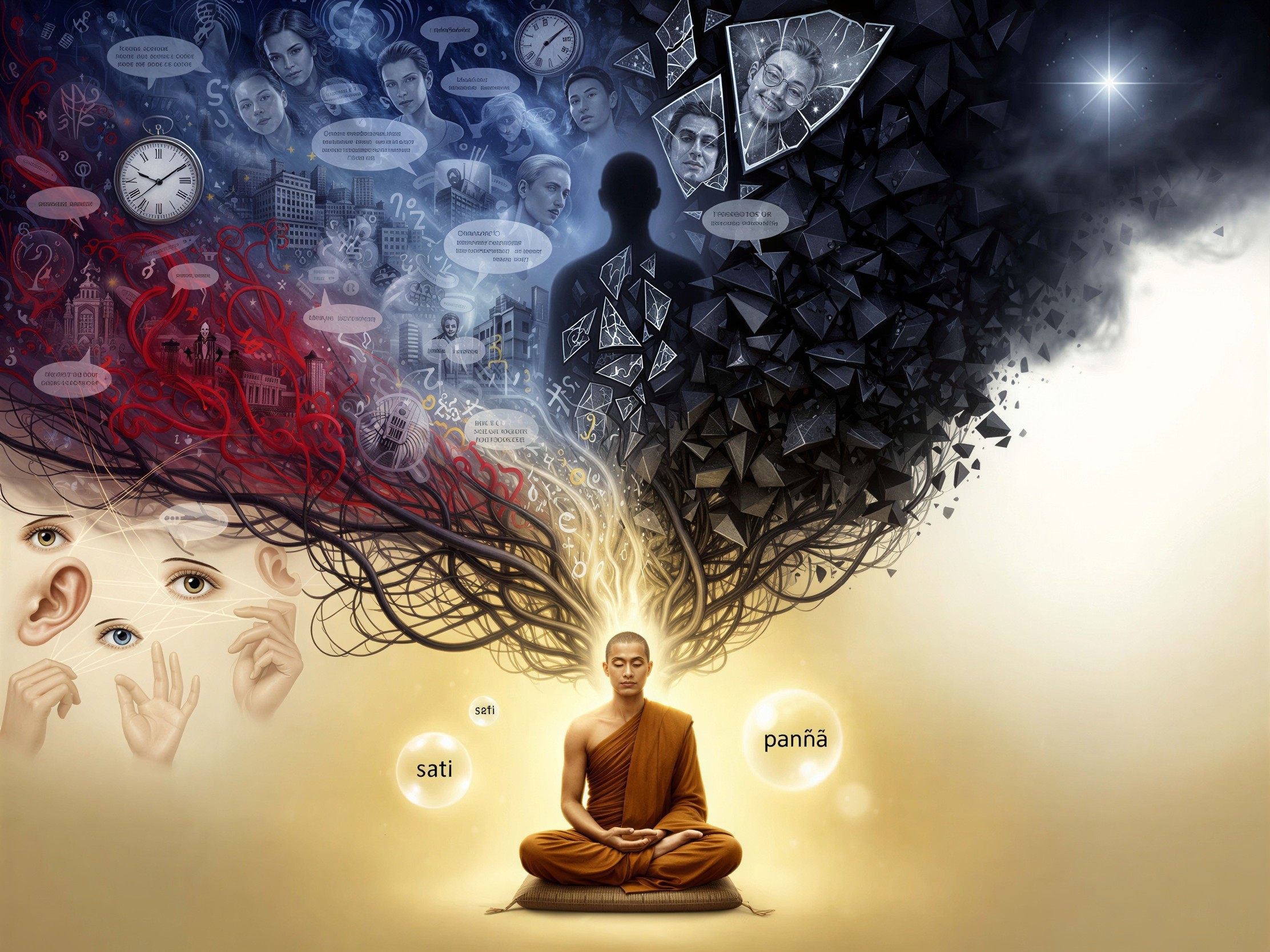 Meditative Monk Surrounded by Symbolic Imagery